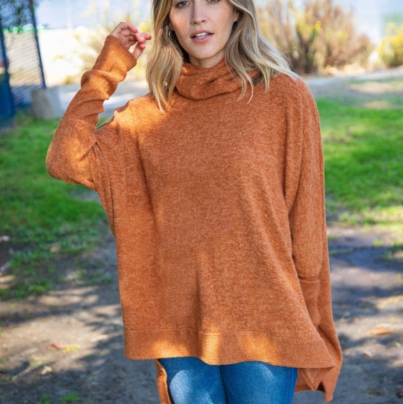 CAMEL BRUSHED MELANGE COWL NECK PONCHO SWEATER - Picture 2 of 8